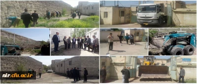 حضور شهردار محترم نیر و زحمت کشان شهرداری با ماشین آلات سنگین در محوطه داخلی مرکز